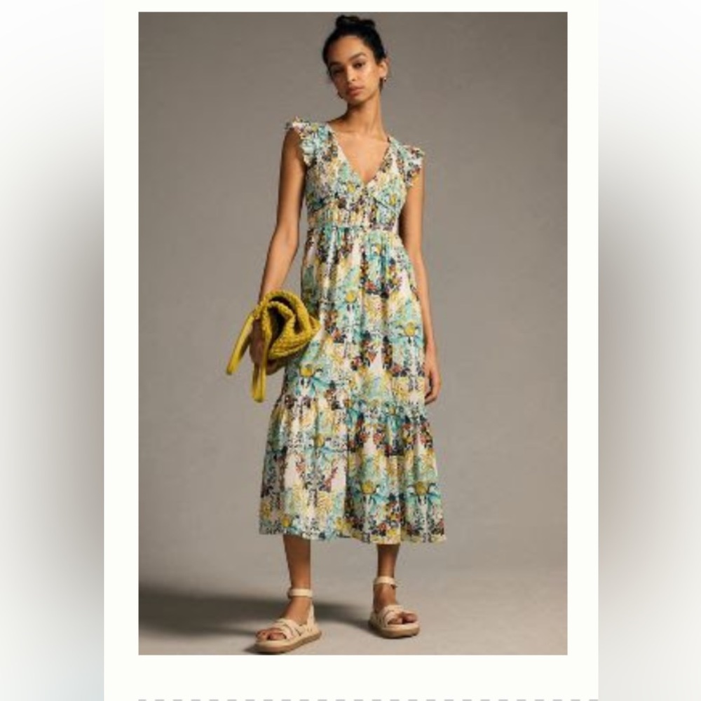 Anthropologie The Peregrine Midi Dress Chartreuse Floral size 1X